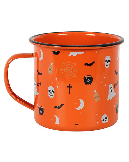 Rebel Romance Halloween enamel mug in orange with black rim, decorated with spooky motifs including ghosts, bats, skulls, cauldrons, moons and potion bottles. A fun, gothic drinkware option for Halloween lovers and alternative aesthetics.