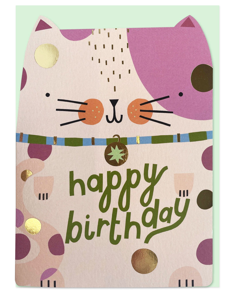 Happy Birthday Cat card from Raspberry Blossom Brightside collection, featuring a die cut cat design with playful spots, hot gold foil details, and the words happy birthday. Includes a mint green envelope.
	