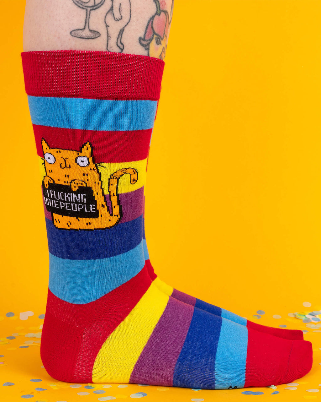 Side view of Katie Abey’s sweary cat rainbow socks worn on feet, showing the cat graphic clearly. Bright red, yellow, blue, and purple stripes make them stand out with bold personality.