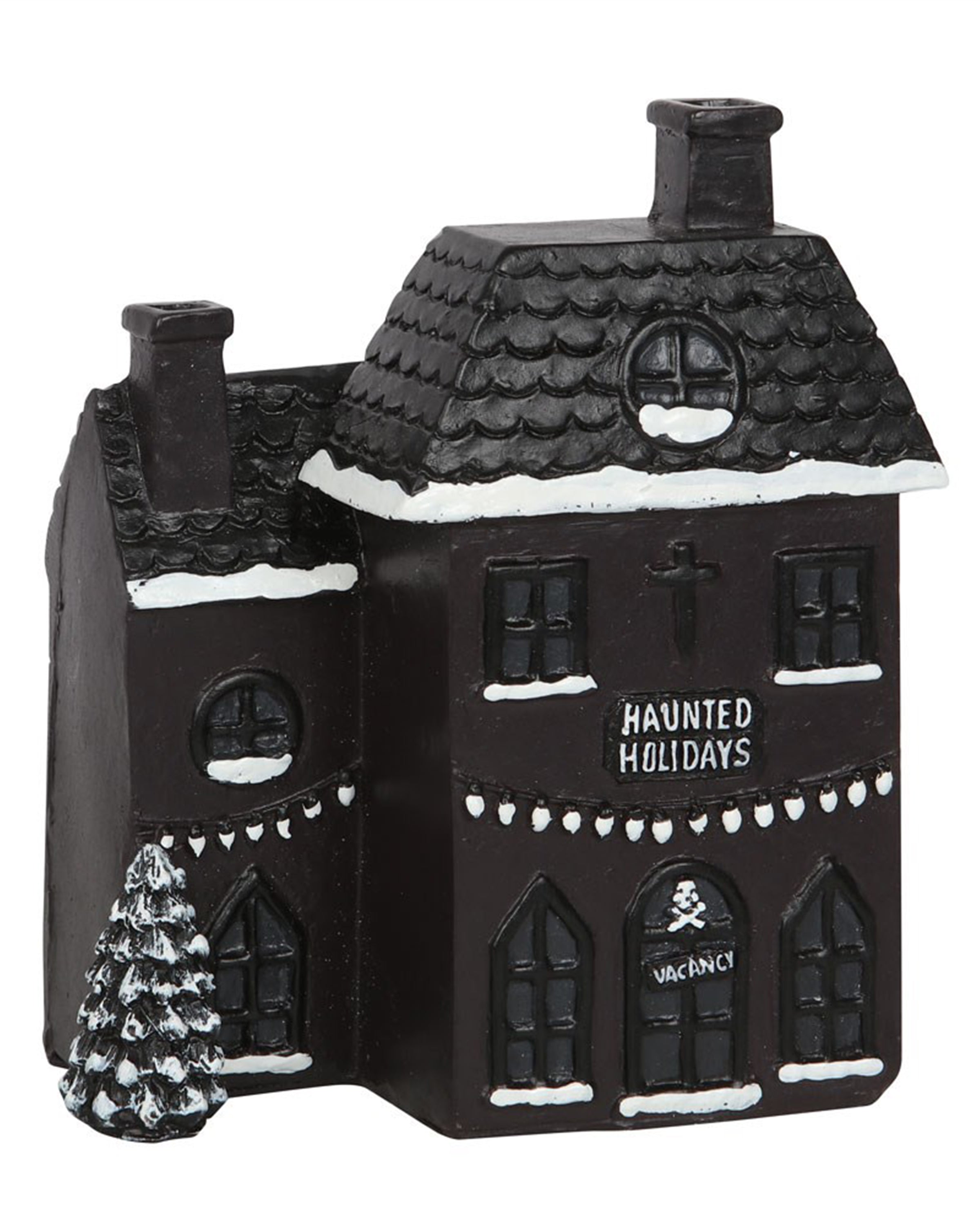 Side view of the Haunted Holiday House Incense Burner with hand-painted snow, skull detail on the front door, and “Haunted Holidays” text on the building.