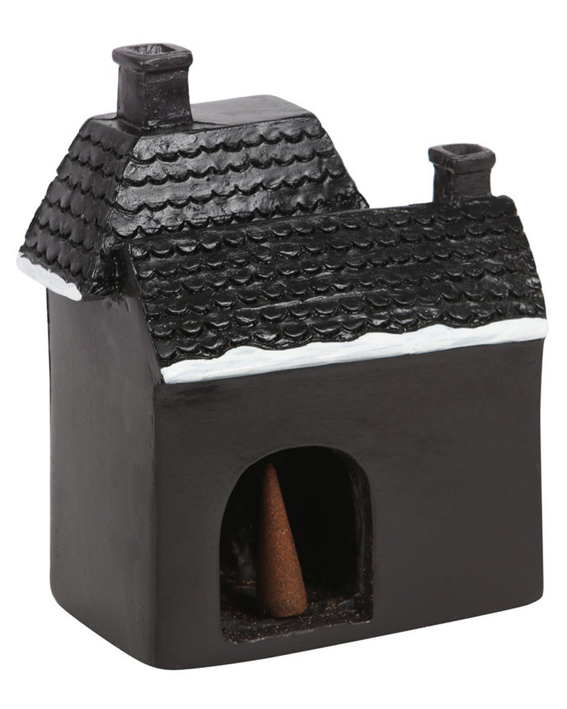 Back view of the Haunted Holiday House Incense Burner by Rebel Romance, revealing the opening for placing an incense cone inside.