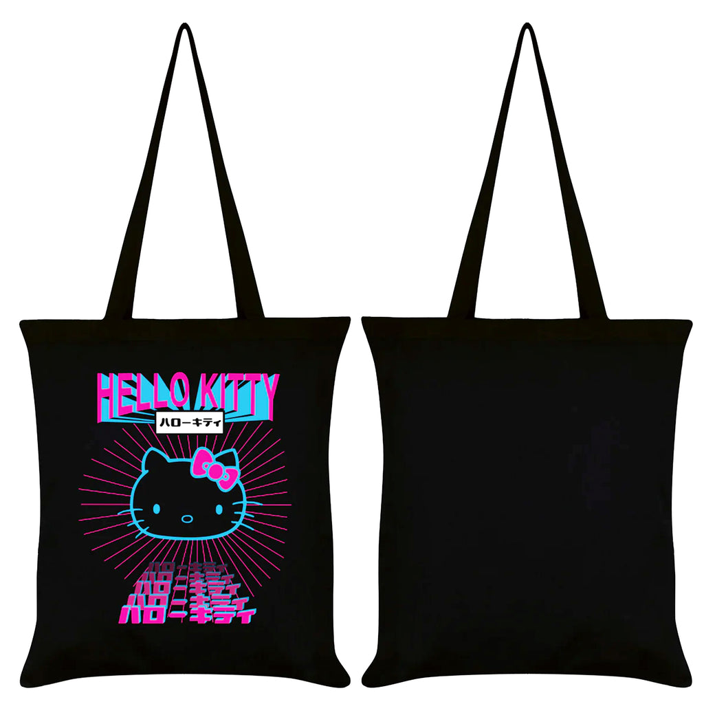 A black tote bag featuring a vibrant neon Hello Kitty design with Japanese text in pink and blue. The front displays Hello Kitty’s face with a bow, surrounded by a sunburst pattern. The back of the tote is plain black.
