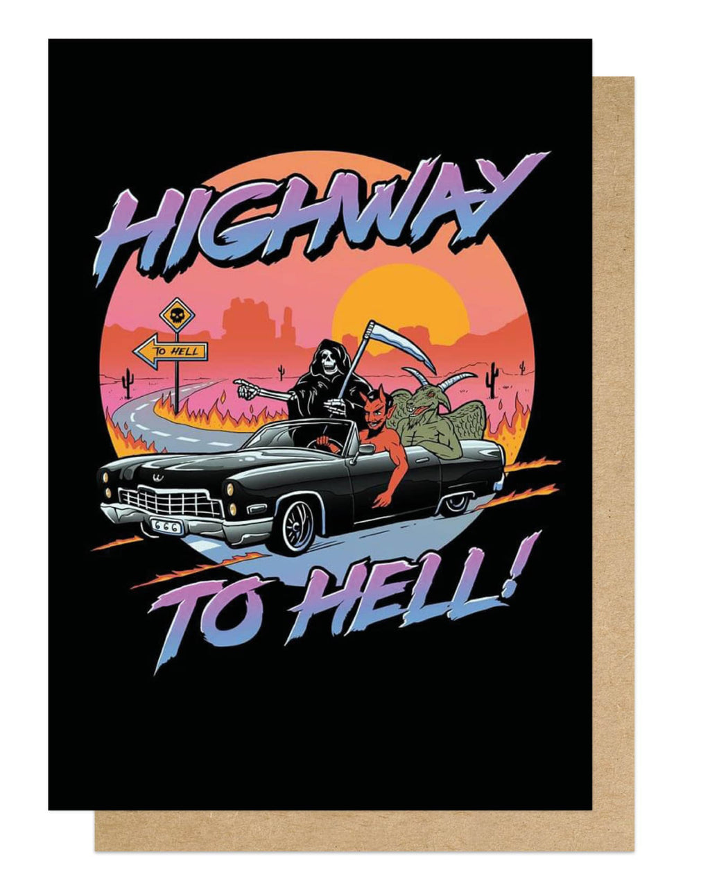 Send bold vibes with the Highway to Hell card by Vincent. Retro-inspired design, eco-friendly, vegan inks, and blank inside. Perfect for quirky celebrations!