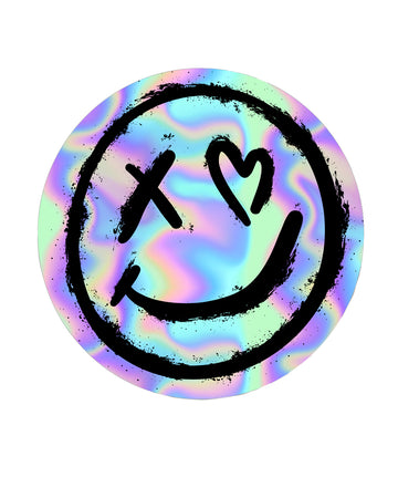 Original Rebel Romance logo holographic vinyl sticker, featuring a grunge-inspired smiley face with an X-eye and heart-eye design. Colourful, reflective finish perfect for customising laptops, phones, and accessories.