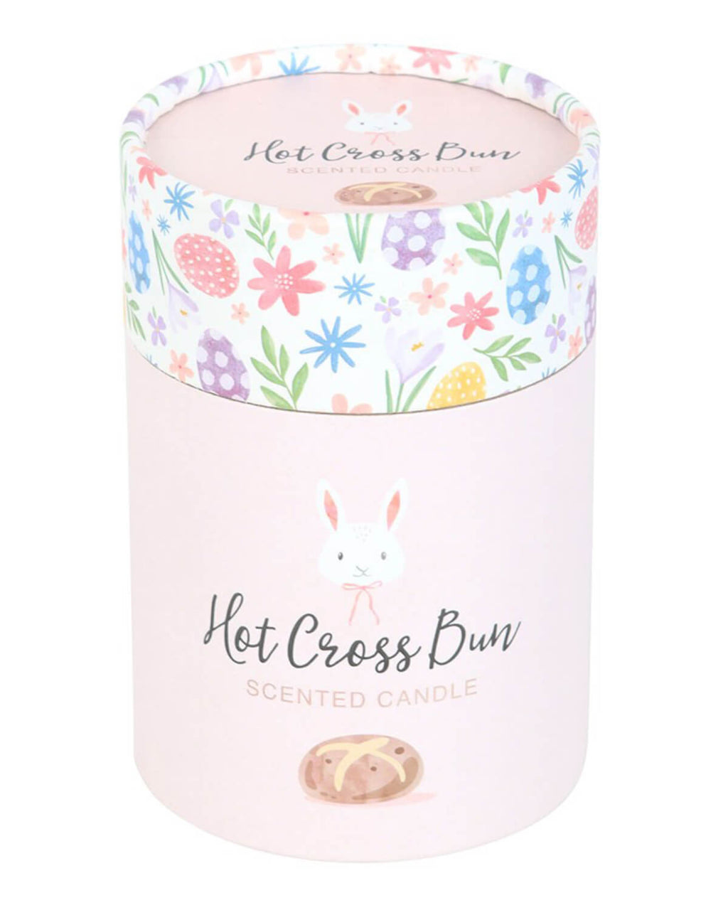  A close-up of the cylindrical gift box, highlighting the playful floral and egg pattern around the lid, with the bunny design and “Hot Cross Bun” text in a whimsical font.
