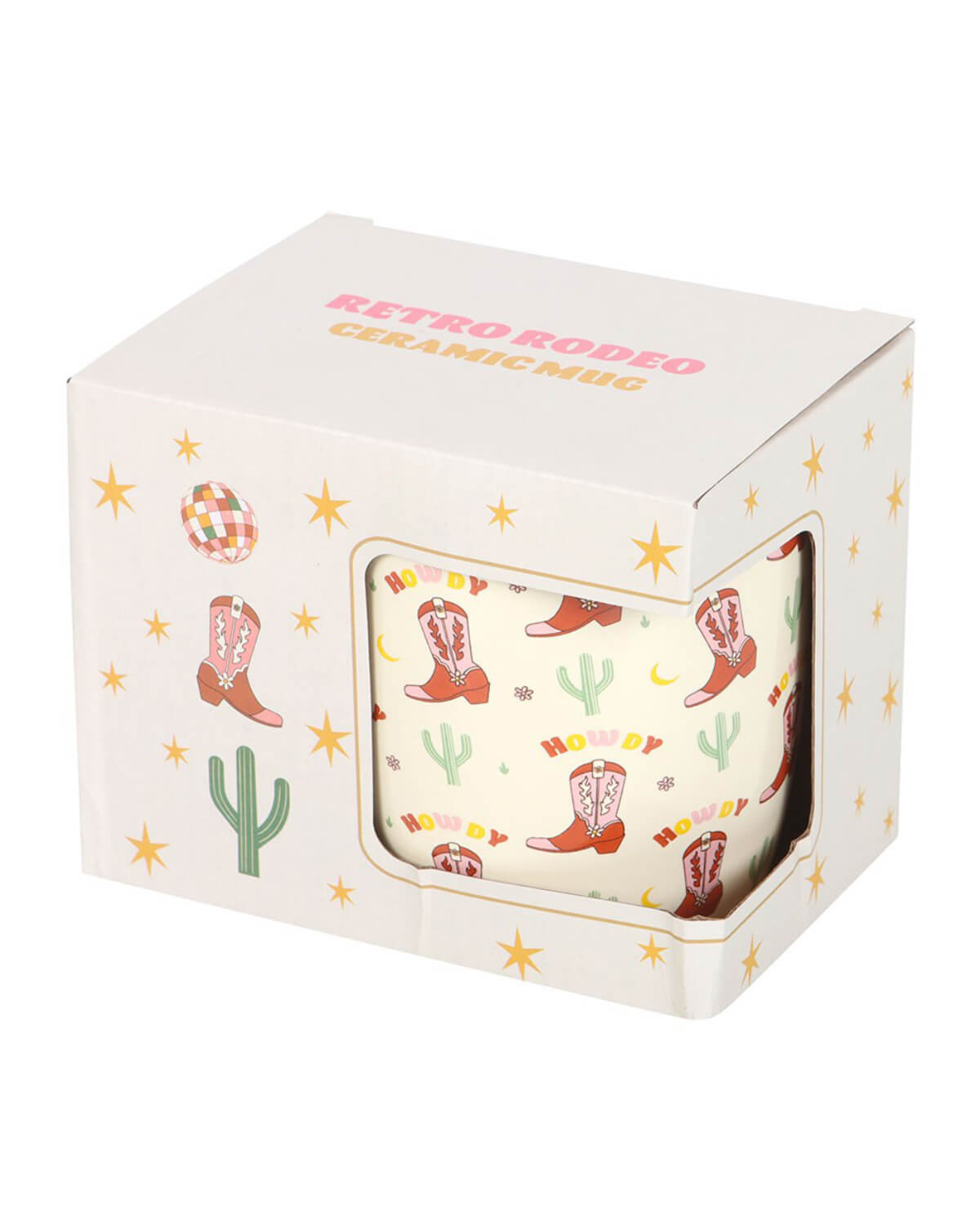  ceramic mug in Western-themed packaging featuring cowboy boots, cacti, and stars. The words “Retro Rodeo Ceramic Mug” are printed on the box.