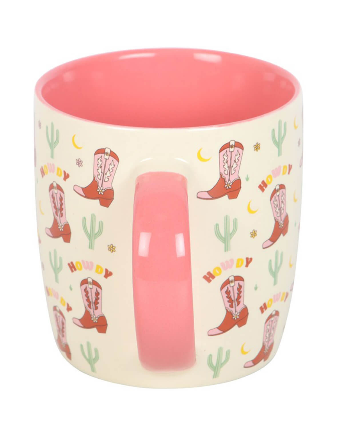 Image 4 (Front View) – A close-up of the Howdy cowboy boot print mug, showcasing its bright pink interior and bold Western-style graphics.
