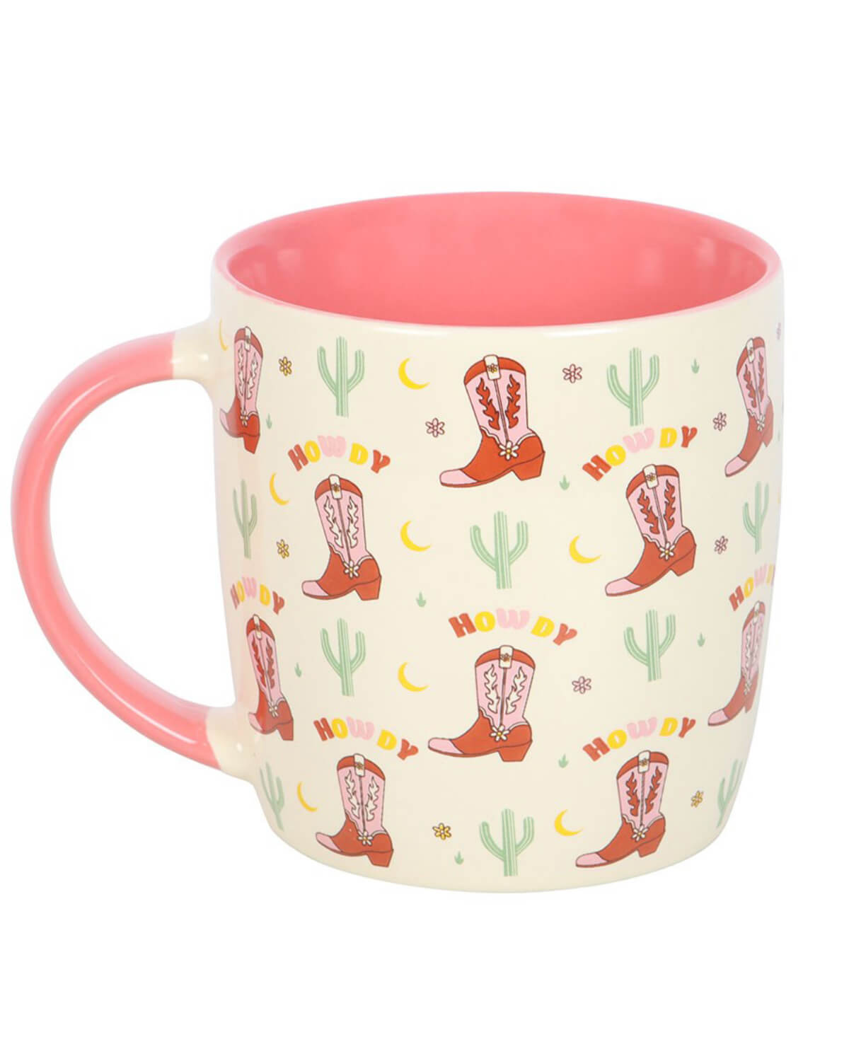 	Image 2 (Side View) – A cream-coloured ceramic mug with a pink handle and an all-over print of cowboy boots, cacti, and “Howdy” text.