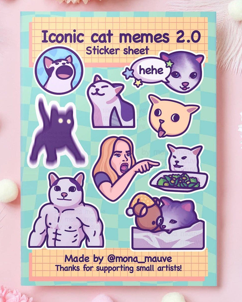 Iconic Cat Memes 2.0 sticker sheet by Mona Mauve featuring 9 funny vinyl stickers of viral internet cat memes including muscle cat, screaming woman pointing, and silly expressions. A must-have for meme lovers and cat fans from small UK business Rebel Romance.