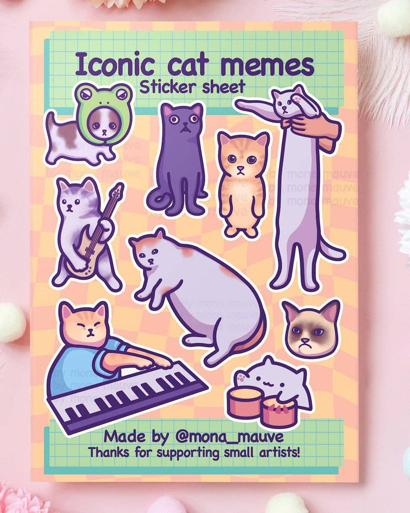 Iconic Cat Memes sticker sheet featuring 9 waterproof vinyl stickers of viral internet cats, including keyboard cat, drum cat, long cat, and grumpy cat. Designed by Mona Mauve and sold by Rebel Romance, a small UK business celebrating queer joy, creativity, and alternative art through fun stationery and gifts.
