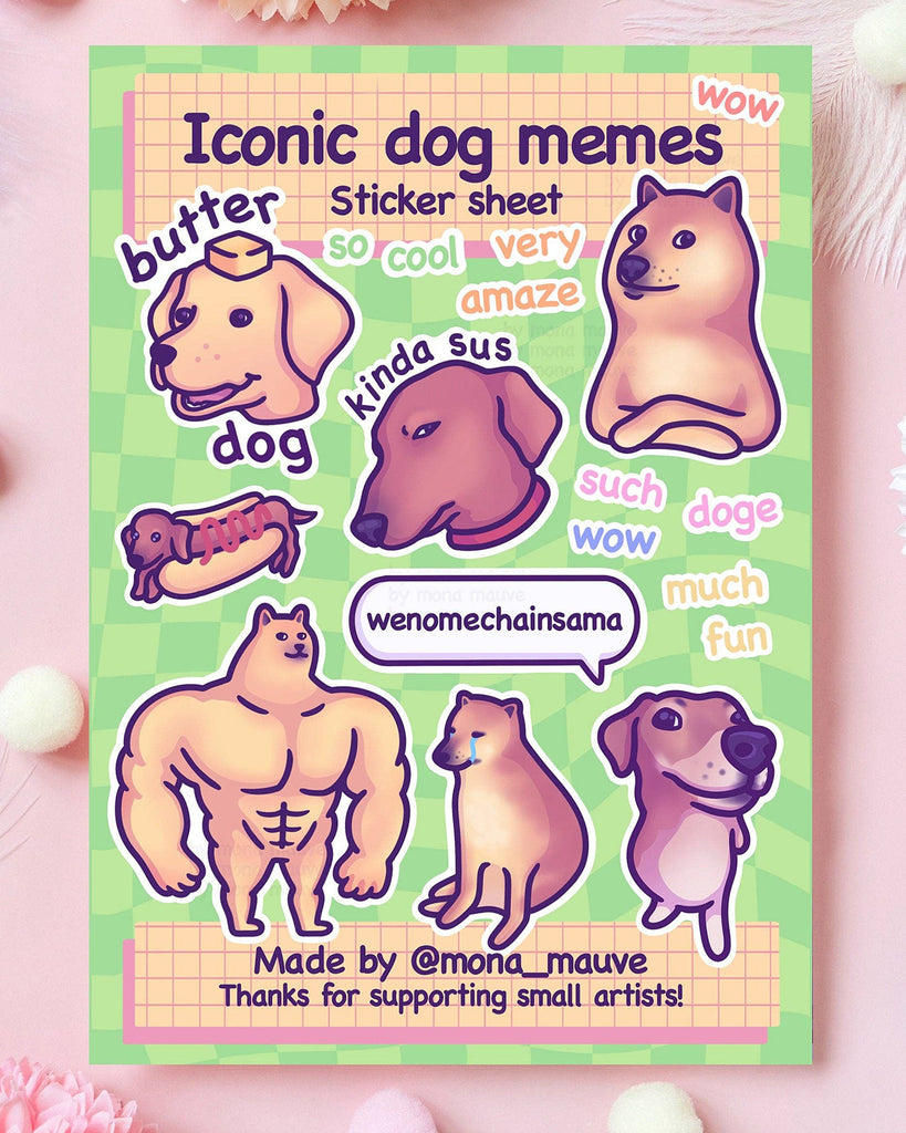 Iconic Dog Memes sticker sheet with 18 waterproof vinyl stickers by Mona Mauve featuring viral dogs like Doge, buff dog vs. sad dog, hot dog dachshund, butter dog, and more. Sold by Rebel Romance, a UK small business that celebrates queer joy, alternative art, and internet culture through fun stationery and gifts.