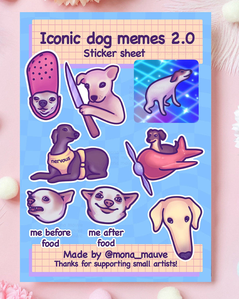 Iconic Dog Memes 2.0 sticker sheet by Mona Mauve featuring 10 waterproof vinyl stickers of viral dog memes, including croc shoe dog, knife dog, nervous dog, sparkle filter dog, and “me before/after food.” A funny and cute stationery set sold by Rebel Romance, a UK small business celebrating meme culture and queer joy.