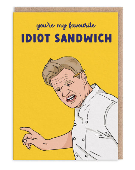 Funny 7x5 greeting card featuring a cartoon chef inspired by Gordon Ramsay, with the phrase “You’re my favourite idiot sandwich” on a bright yellow background. Designed by Party Mountain Paper Co and stocked by Rebel Romance, this card comes with a brown kraft envelope. Perfect for cheeky birthday wishes, Valentine’s Day, or roasting your favourite friend or partner with humour.