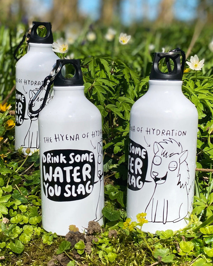 Three white aluminium Rebel Romance water bottles standing on grass among spring flowers. Each bottle features a cartoon hyena and the bold phrase “Drink Some Water You Slag” with a carabiner lid.