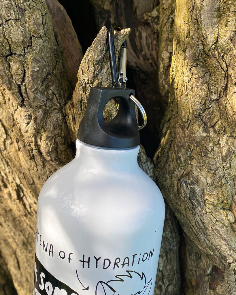 White aluminium water bottle featuring "The Hyena of Hydration" cartoon and slogan “Drink Some Water You Slag,” hanging from a carabiner on a tree trunk. Sold by Rebel Romance, a UK small business that celebrates alternative and humorous gifts and homeware.