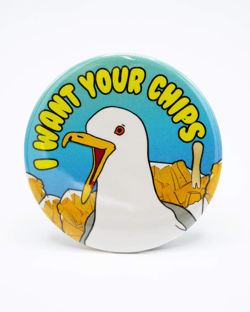 Blue gradient pocket mirror with a seagull, cones of chips and yellow text reading 'I want your chips'. A seaside retro design from Bite Your Granny.