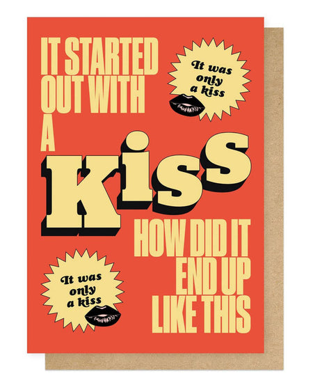 Send a bold message with the It Started Out With a Kiss card by HollieGraphik. Music-inspired design, eco-friendly, vegan inks, blank inside. Perfect for romantics and music lovers!