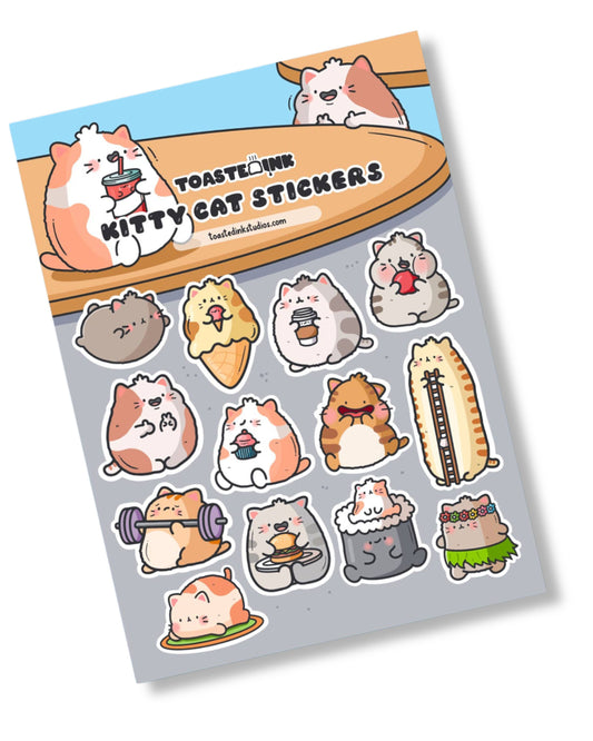 Product image of the Kitty Cat Sticker Sheet by Toastedink, available at Rebel Romance. Grey sheet with 15 playful and colourful illustrated cats. A fun and purr-sonalised way to add joy to your stationery collection.