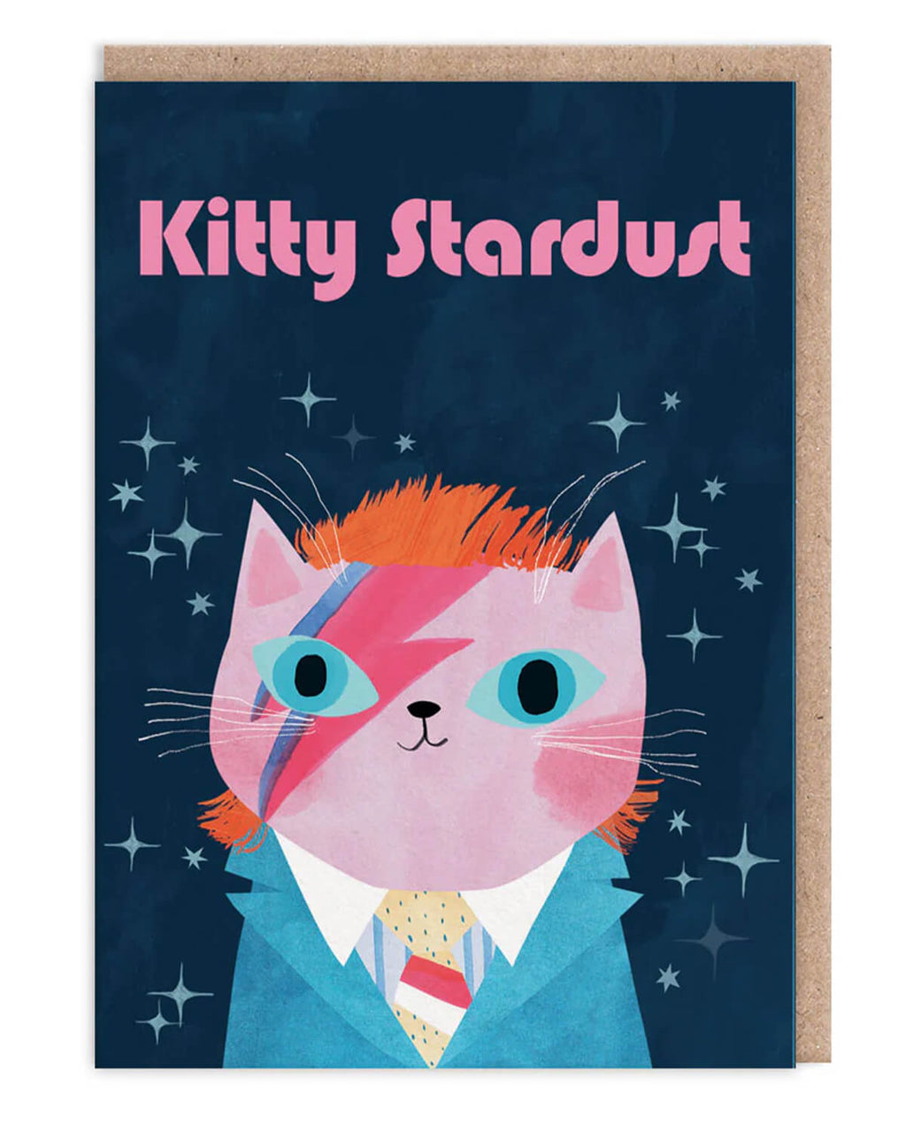 Greeting card featuring a pink cat dressed as David Bowie’s Ziggy Stardust with lightning bolt makeup and a blue suit, designed by Angie Rozelaar. A6 card with kraft envelope, blank inside.