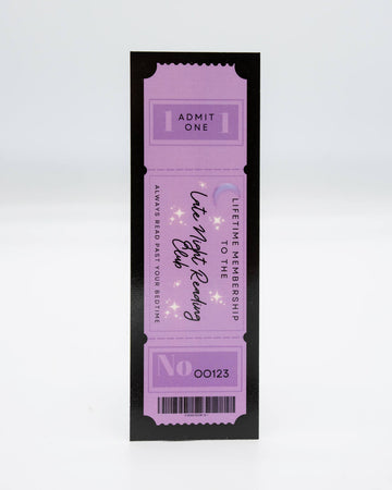 Purple ticket-style bookmark reading "Admit One – Lifetime Membership to the Late Night Reading Club" with stars and a moon. Features the quote “Always read past your bedtime.” A magical accessory for book lovers by Rebel Romance, a small UK business celebrating alternative style, slow fashion, and millennial aesthetics.