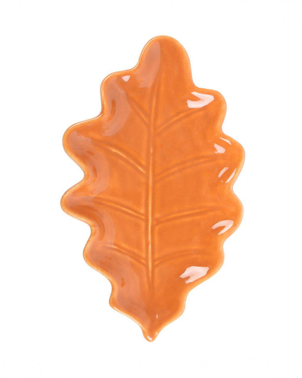 A top-down view of the Rebel Romance autumn leaf trinket dish. The detailed leaf vein pattern and gently scalloped edges enhance its natural aesthetic, making it a stunning decorative piece for tables, shelves, or dressers.
