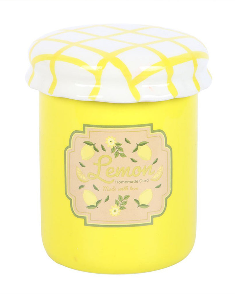 Front view of the Rebel Romance lemon curd jar oil burner and wax warmer with lid on, showcasing the vintage-style lemon label and cheerful yellow ceramic. A unique jam jar inspired design perfect for alternative home décor.