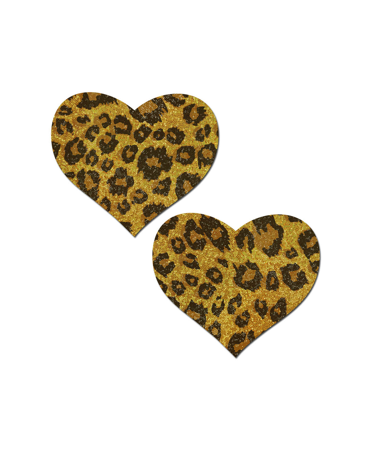 Love: Glittering Gold Leopard Print Heart Nipple Pasties by Pastease. Two heart shaped nipple covers in sparkly gold with brown leopard print all over shown on a white background. Perfect for a festival, pride, burlesque performance, only fans content or a party.