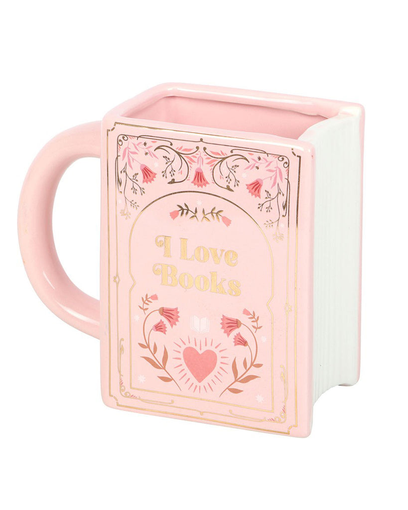 Angled view of the Rebel Romance “I Love Books” pink ceramic book-shaped mug. Features a vintage-style floral frame and gold lettering, ideal for tea, coffee, and book lovers.