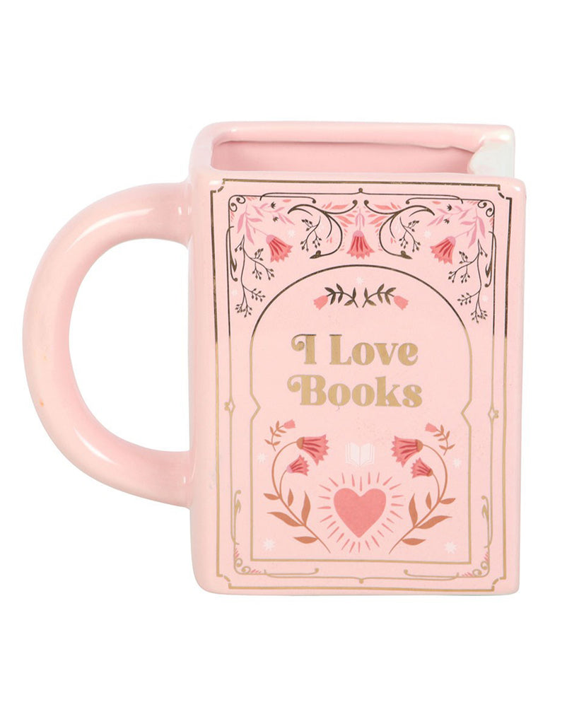 Front view of the Rebel Romance “I Love Books” pink ceramic mug, shaped like a book with floral detailing and gold lettering. A unique novelty gift for bookworms and literature lovers.