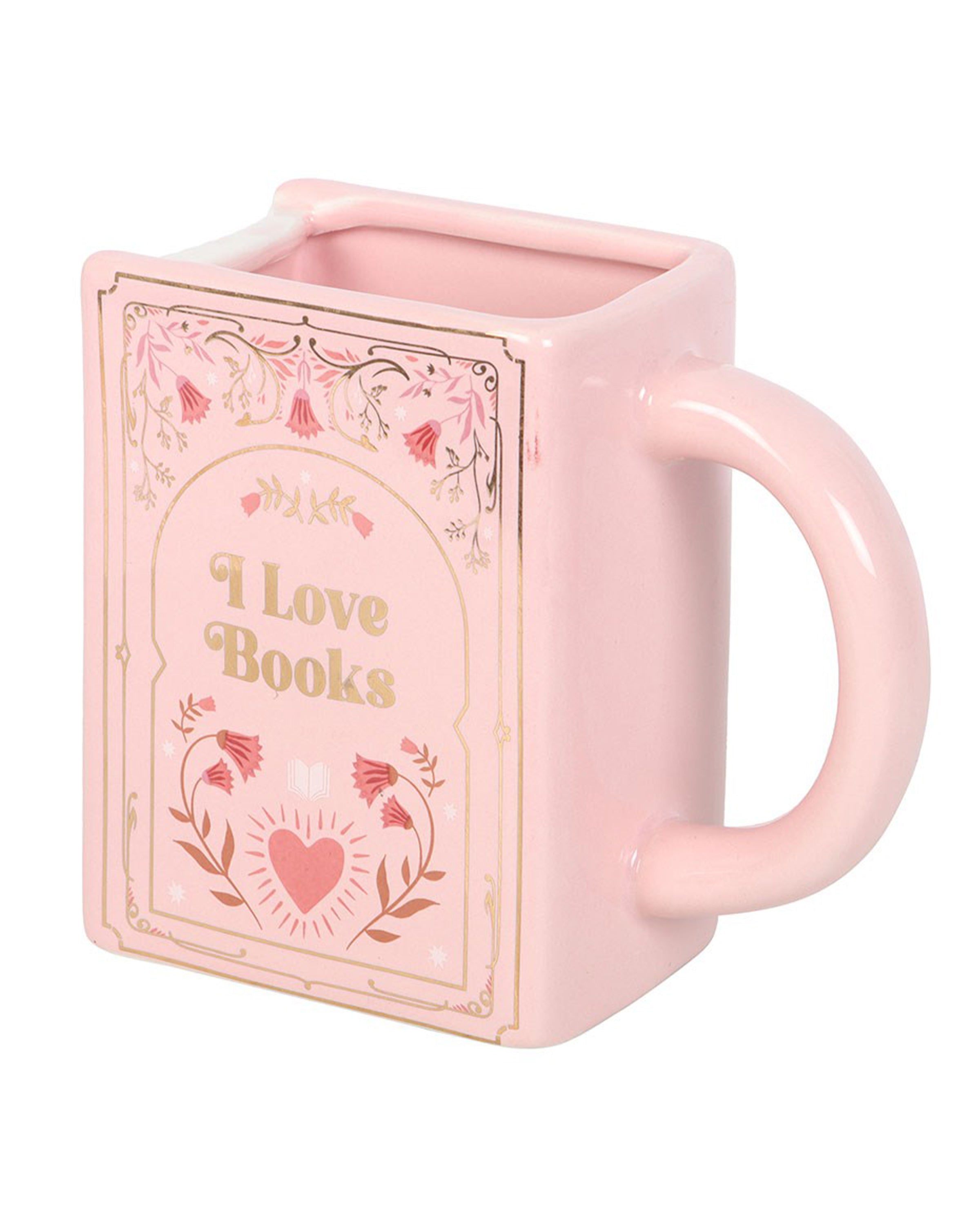 Close-up of the Rebel Romance “I Love Books” pink ceramic mug shaped like a book. Features gold lettering, floral detailing, and a heart design, making it the perfect gift for readers and bookworms.