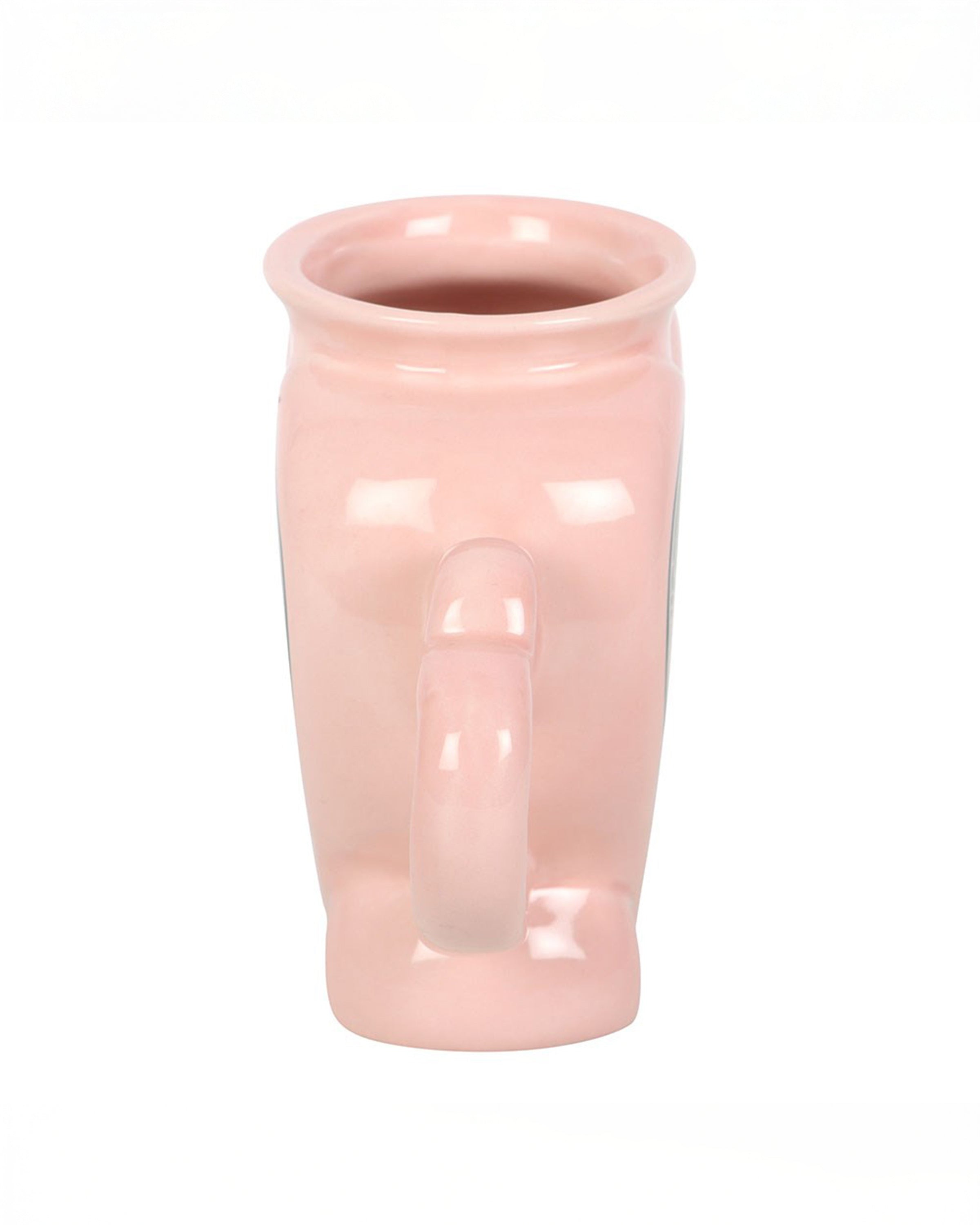 Side view of the Rebel Romance Love Potion Shaped Mug in soft pink ceramic, showing the unique sculpted shape and heart handle. A fun gothic homeware item perfect for alternative style lovers.