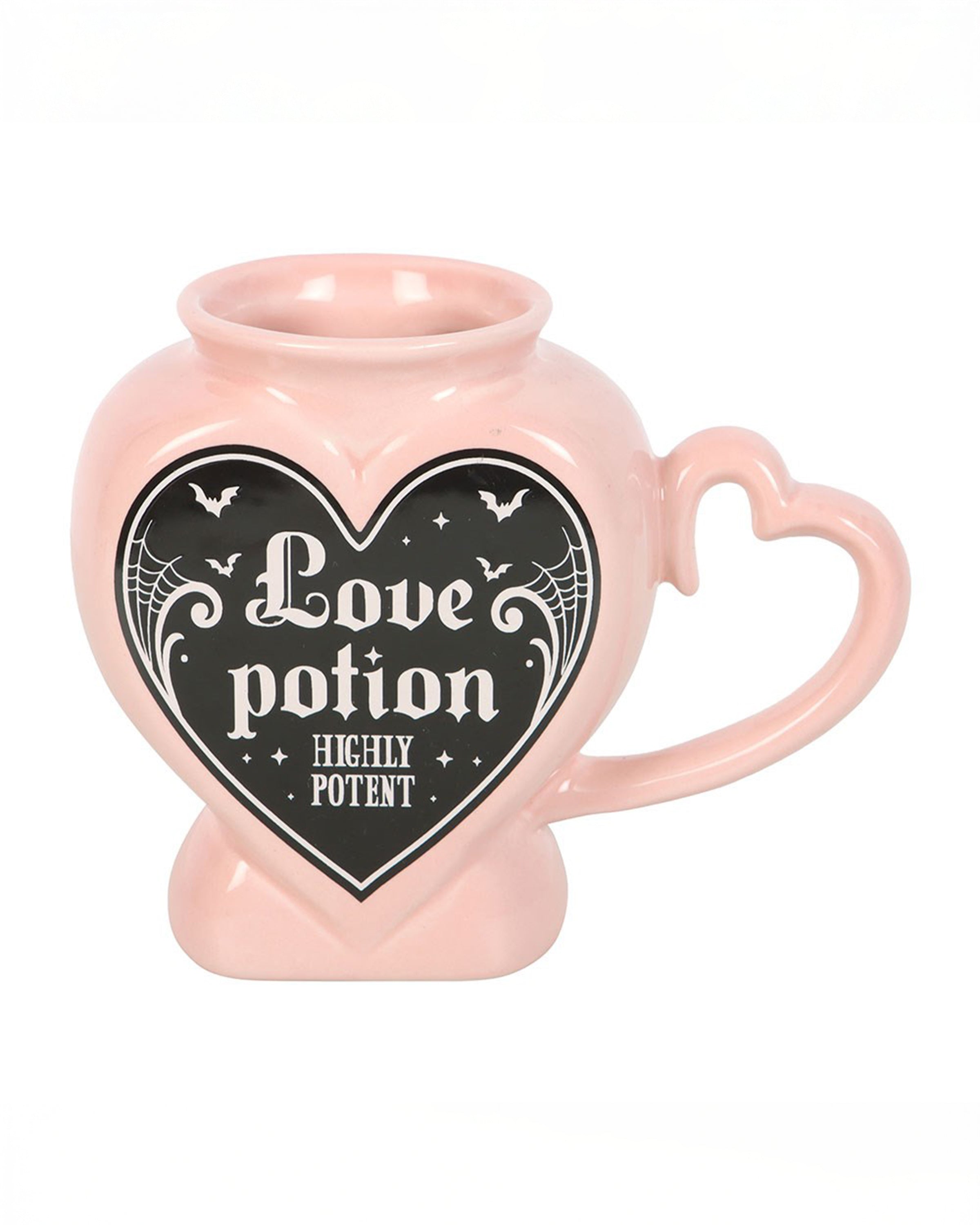 Front view of the Rebel Romance Love Potion Shaped Mug in pink ceramic with a heart handle and black gothic “Love Potion Highly Potent” design. Quirky alternative homeware piece for tea, coffee or decor with a magical twist.