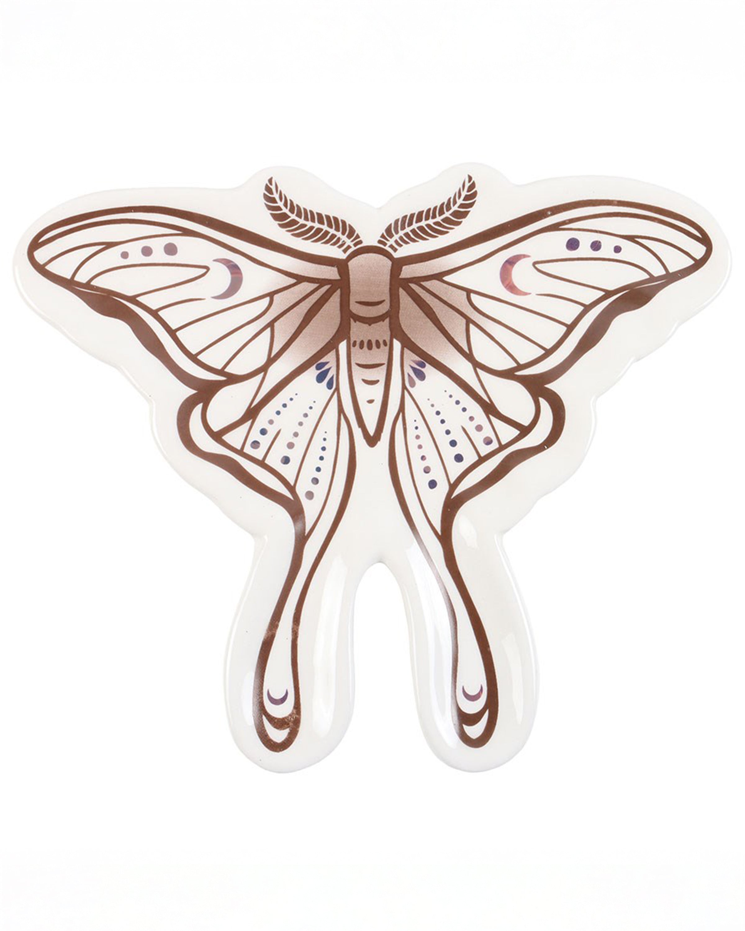 Top view of the Rebel Romance luna moth ceramic trinket dish, featuring a beautifully illustrated moth design with celestial details, perfect for alternative home décor.