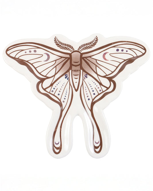 Top view of the Rebel Romance luna moth ceramic trinket dish, featuring a beautifully illustrated moth design with celestial details, perfect for alternative home décor.