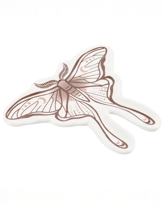 Side view of the Rebel Romance luna moth ceramic trinket dish, showcasing its winged shape and fine detailing, ideal for jewellery, keys or spare change.