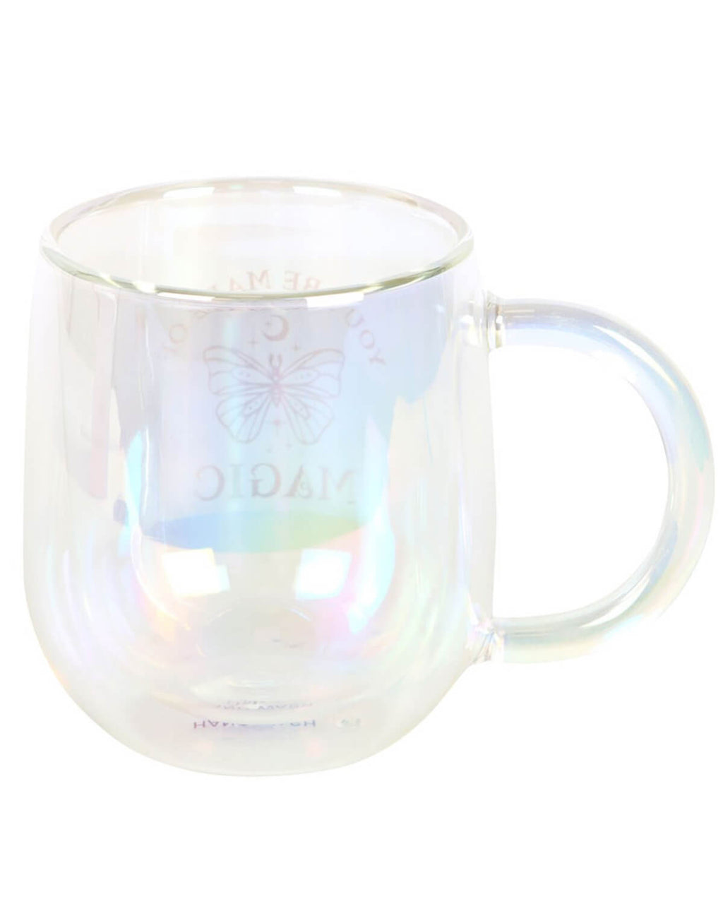 Close-up of the iridescent double-walled glass mug showing its unique shimmer and gold design.