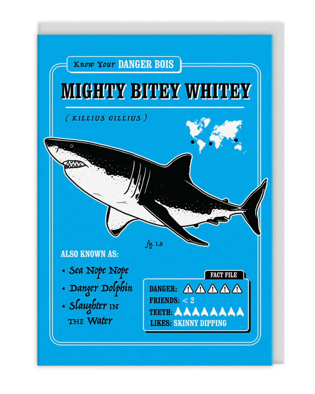 A bright blue A6 greeting card by Rebel Romance featuring a bold illustration of a great white shark titled “Mighty Bitey Whitey (Killius Gillius).” Includes quirky alternative names like “Sea Nope Nope” and a fun fact file with danger and teeth ratings. Part of the retro-inspired Danger Bois series, perfect for alternative style lovers.
