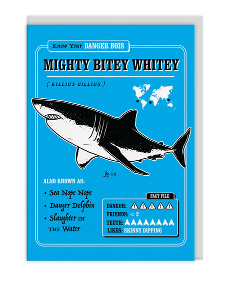 A bright blue A6 greeting card by Rebel Romance featuring a bold illustration of a great white shark titled “Mighty Bitey Whitey (Killius Gillius).” Includes quirky alternative names like “Sea Nope Nope” and a fun fact file with danger and teeth ratings. Part of the retro-inspired Danger Bois series, perfect for alternative style lovers.