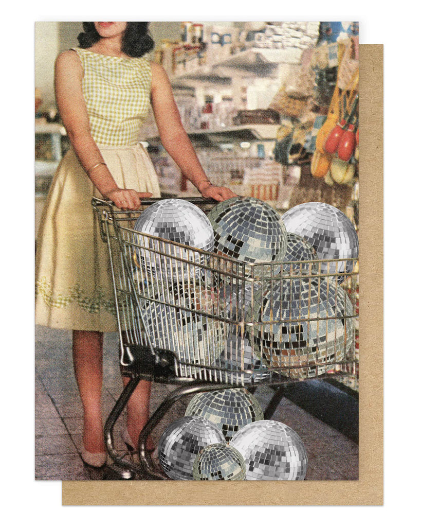 Send quirky vibes with the Supermarket greeting card by Julia. Vintage-inspired collage design, eco-friendly, vegan inks, and blank inside. Perfect for unique occasions!