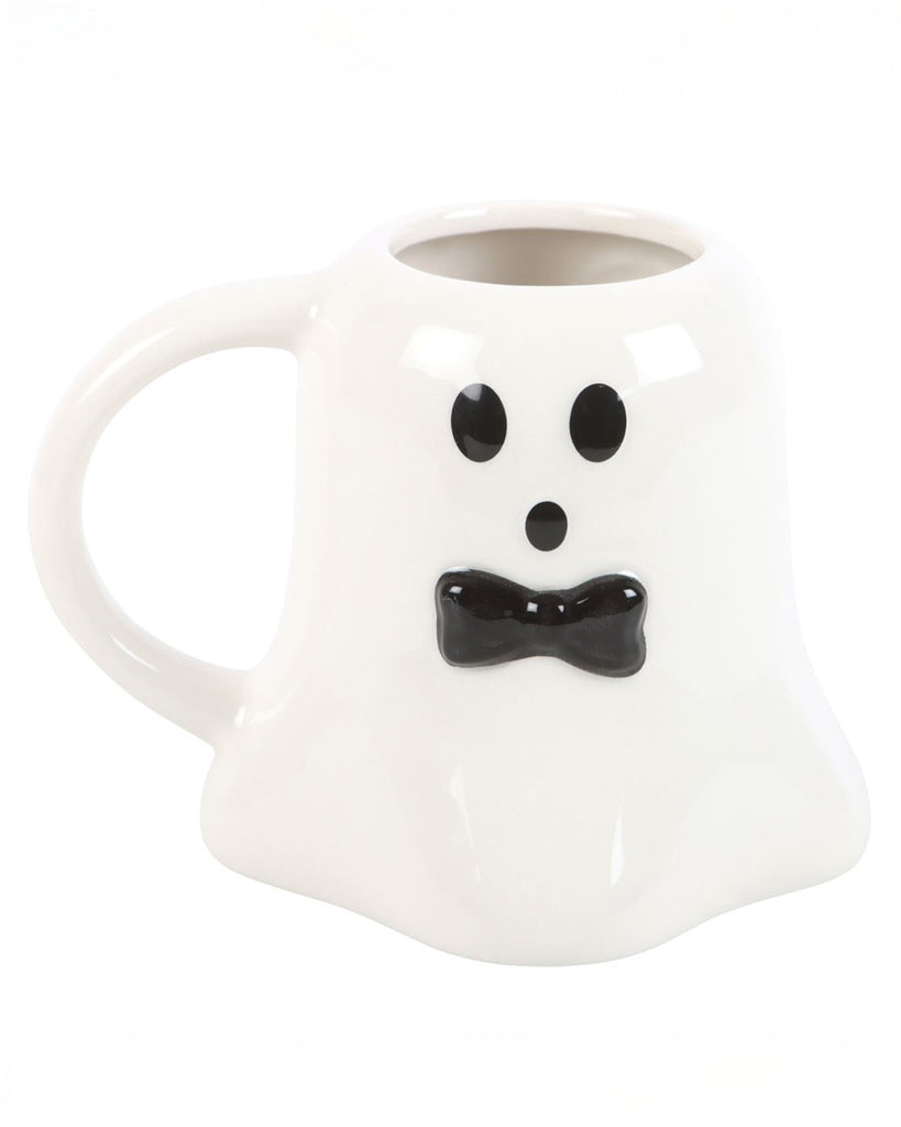 Front view of Mr Boo ghost mug showing raised black eyes, mouth, and glossy bow tie detail on a white ceramic body.