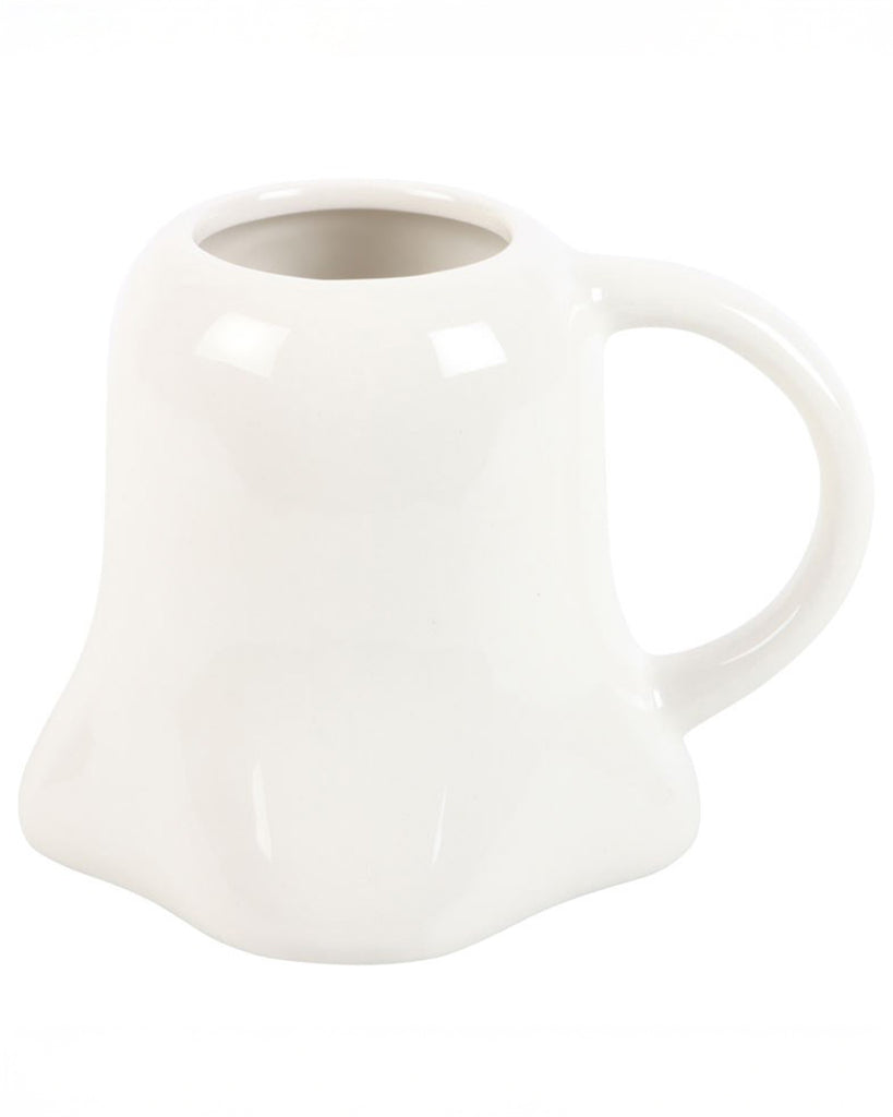 Side view of the ghost mug showing its curved, flowing ghostly shape and smooth ceramic handle.