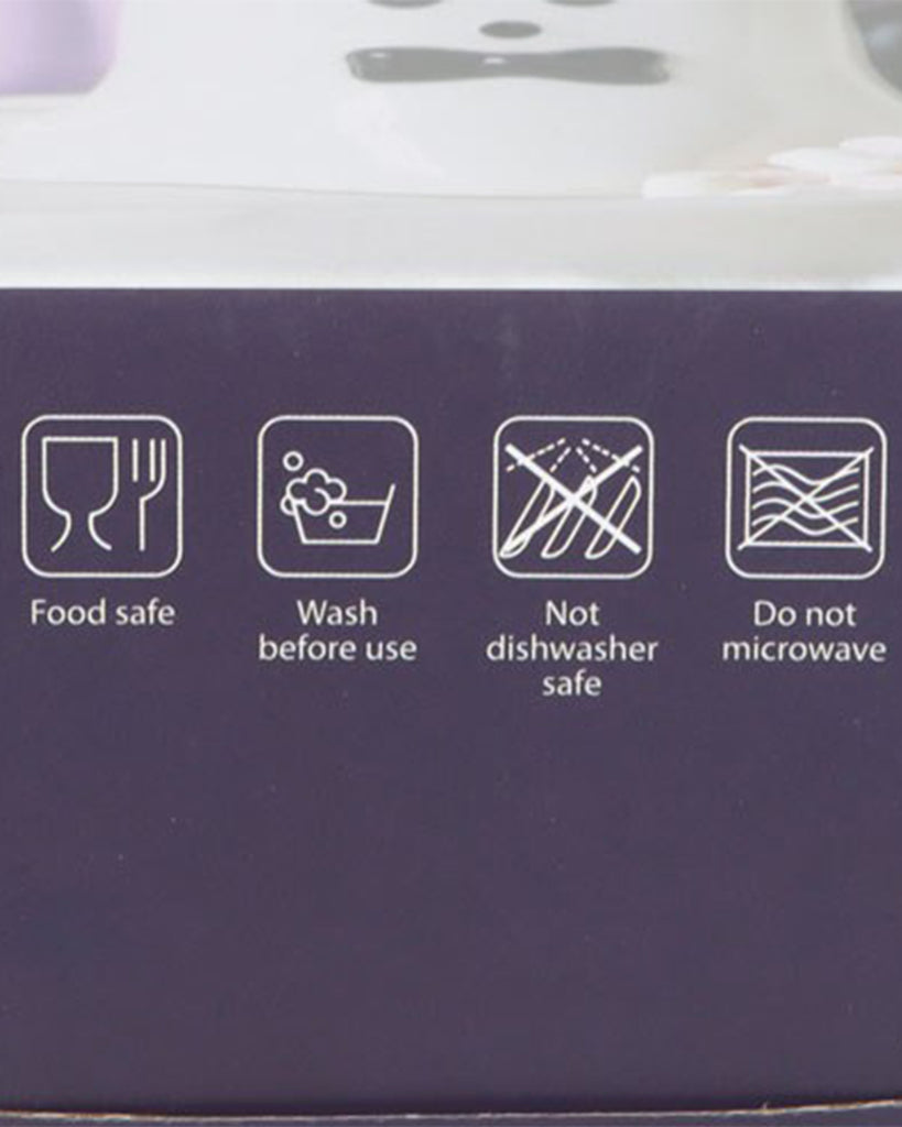 Product care symbols on the box showing the mug is food safe, hand wash only, not dishwasher safe, and not suitable for microwave use.