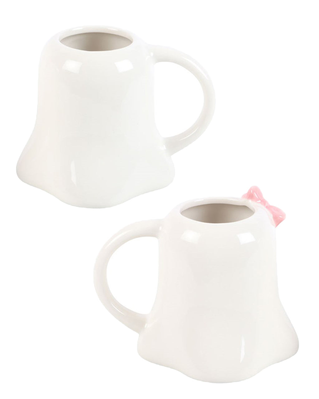 A pair of white wedding gift ghost-shaped ceramic mugs from the Mr and Mrs Boo set from Rebel Romance, shown facing away to show the plain white backs. One mug has a handle on the right, while the other has a pink bow on the left, adding a touch of charm to the wedding inspired gift.