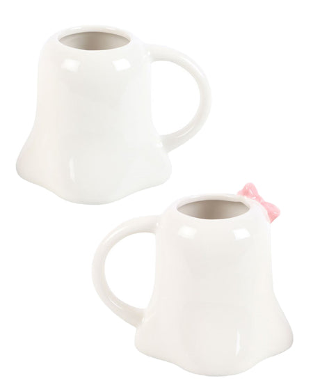 A pair of white wedding gift ghost-shaped ceramic mugs from the Mr and Mrs Boo set from Rebel Romance, shown facing away to show the plain white backs. One mug has a handle on the right, while the other has a pink bow on the left, adding a touch of charm to the wedding inspired gift.