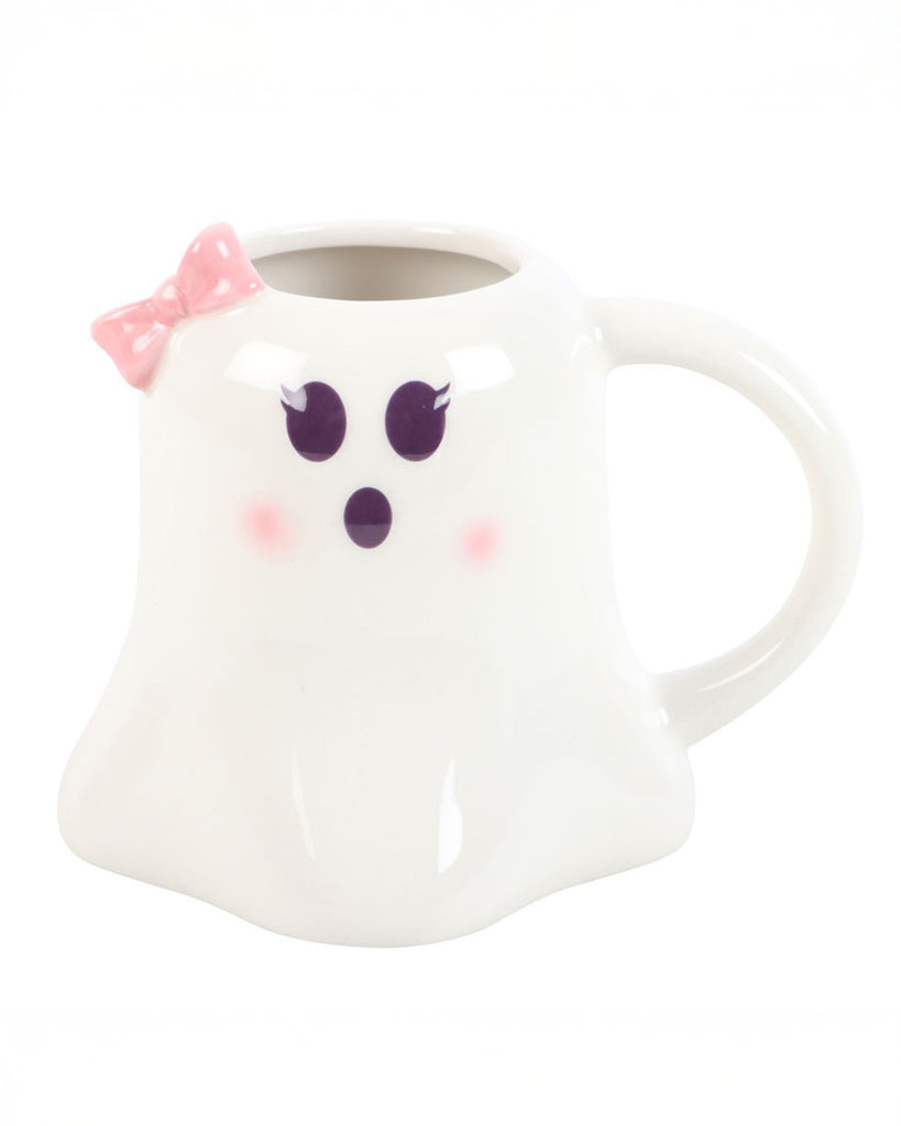  A front view of the full Mrs Boo mug with the ghost face and bow fully visible, showing the curvy ghost-like ceramic shape and sturdy handle.