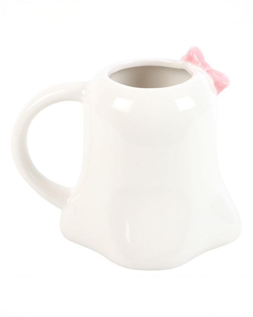 A side view of the Mrs Boo mug without the face visible, showing the curved ghostly base and pastel pink bow on the rim.