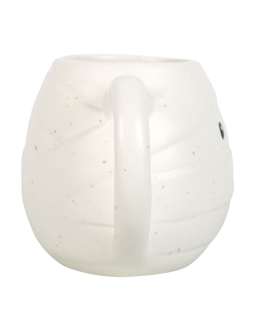 Side view of the mummy mug showing its smooth ceramic surface, bandage-style detailing and chunky handle. Great for autumn sipping.