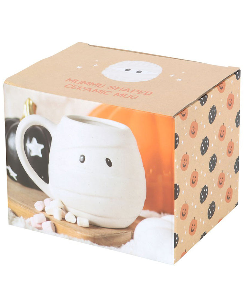 Mummy Shaped Ceramic Mug in its themed Halloween packaging, featuring pumpkins and stars. A great seasonal gift idea.