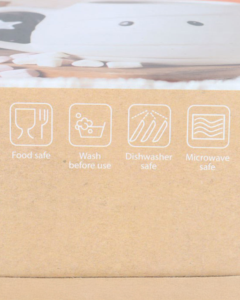Close-up of product box symbols showing the mug is food safe, dishwasher safe, microwave safe, and should be washed before use.