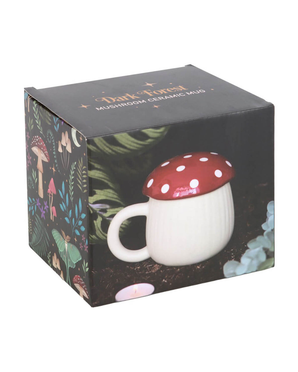  The mushroom mug in its forest-themed gift box, featuring dark and mystical botanical illustrations of mushrooms, moths, and leaves for a witchy, enchanted look.